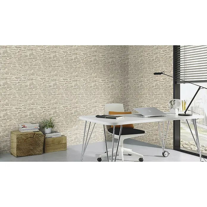 Rasch Tapetenwechsel Vliestapete - Beige, 10,05 x 0,53 m - Attraktives modernes Arbeitszimmer mit stilvoller Steinwandtapete, die dem Raum einen Hauch von natürlicher Eleganz verleiht.