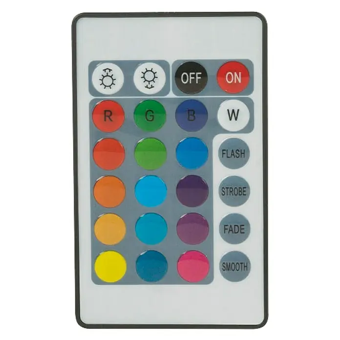 Globo LED-Deckenleuchte Atreju I - 12 W, Opal/Weiß, Warmweiß - Nahaufnahme der Fernbedienung mit Tasten zum Ein- und Ausschalten sowie zum Einstellen verschiedener Farben und Effekte für LED-Leuchten.