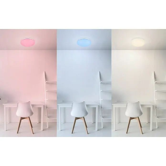 Globo LED-Deckenleuchte Atreju I - 12 W, Opal/Weiß, Warmweiß - Ein dreigeteiltes Bild eines Raumes mit Schreibtisch und einem runden Deckenlicht, das in Rosa, Blau und Weiß leuchtet.