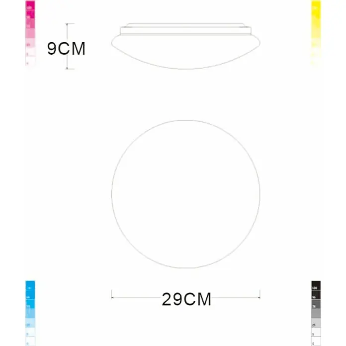 Globo LED-Deckenleuchte Atreju I - 12 W, Opal/Weiß, Warmweiß - Schema einer runden Deckenleuchte mit einem Durchmesser von 29 cm und einer Höhe von 9 cm. Das Design ist schlicht und modern.