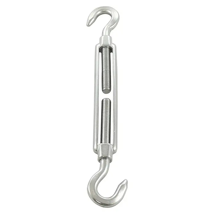 Marinetech Spannschloss Haken-Haken - Länge: 280 mm, M 8, Edelstahl, Silber - Nahaufnahme eines silbernen Wantenspanners mit Hakenenden, der ein robustes Design zur Spannung von Drahtseilen zeigt.