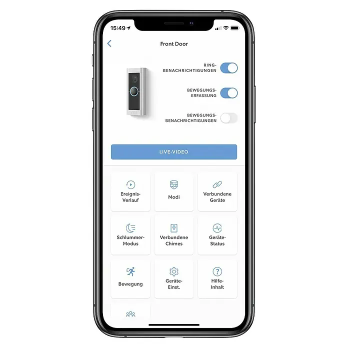 Ring Türklingel mit Kamera Video Doorbell Pro 2 Plug-in - Netzanschluss, Nickel matt, 1536p HD, 2,2 x 4,9 x 11,4 cm, Smarte Steuerung: Ring App - Smartphone-Screenshot der Ring-App mit Einstellungen für die Türklingel, inklusive Benachrichtigungsoptionen und Live-Video-Funktion.
