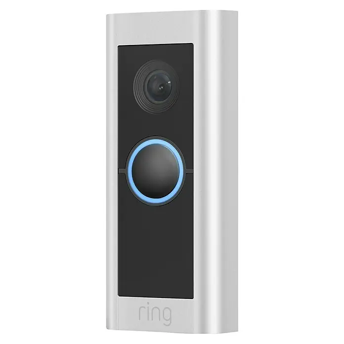 Ring Türklingel mit Kamera Video Doorbell Pro 2 Hardwired - Festverdrahtet, Nickel matt, 1536p HD, 2,2 x 4,9 x 11,4 cm, Smarte Steuerung: Ring App - Eine Nahaufnahme einer Ring Video Doorbell Pro mit einer Kamera oben und einem Knopf mit blauer Beleuchtung darunter.