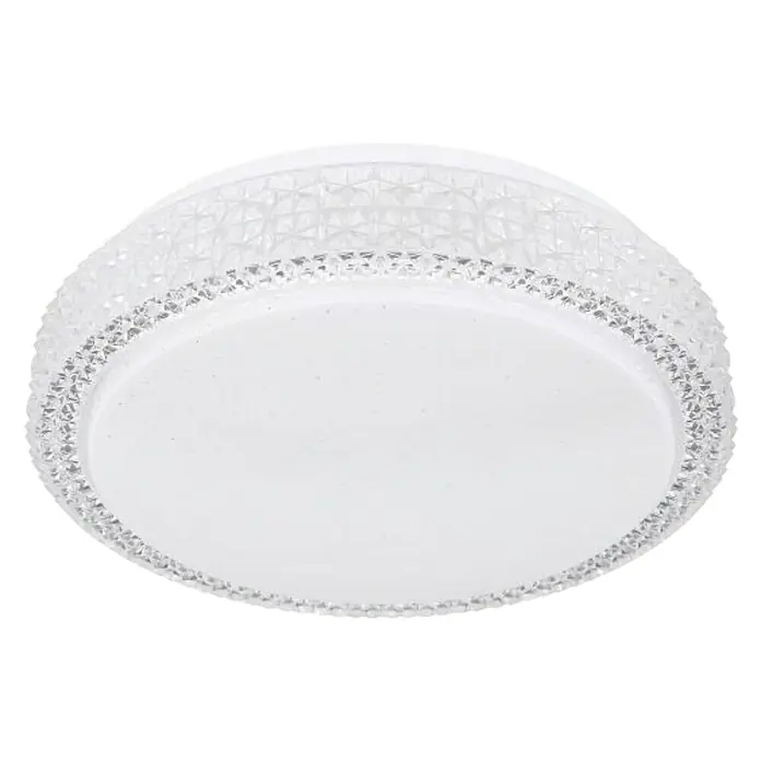 Globo LED-Deckenleuchte rund Ovi - 12 W, Ø x H: 260 mm x 8 cm, Opal, Warmweiß - Nahaufnahme einer runden LED-Deckenleuchte mit dekorativem Kristallrand auf schwarzem Hintergrund.