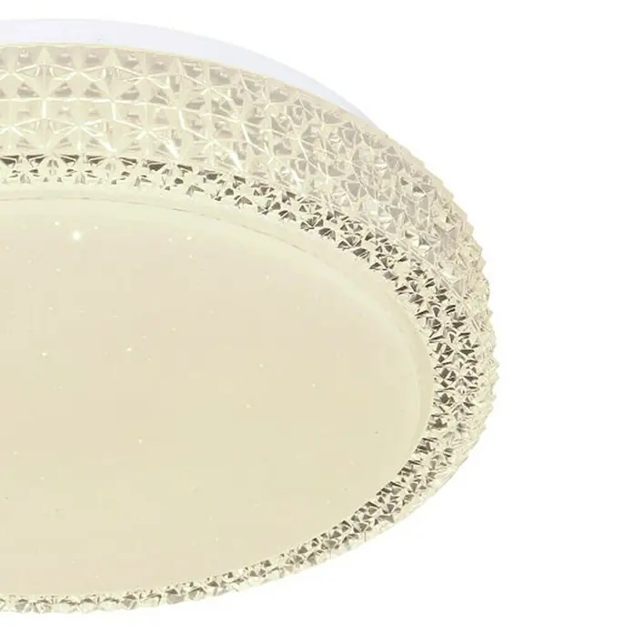 Globo LED-Deckenleuchte rund Ovi - 12 W, Ø x H: 260 mm x 8 cm, Opal, Warmweiß - Nahaufnahme einer stilvollen Deckenleuchte mit einem dekorativen, kristallartigen Rand und einem warmen, einladenden Licht.