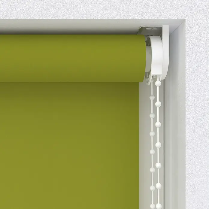 Expo Ambiente Rollo - B x H: 80 x 190 cm, Grün, Uni - Nahaufnahme einer grünen Rollgardine mit weißen Zugschnüren und einem weißen Rahmen. Ideal für die Fensterdekoration.