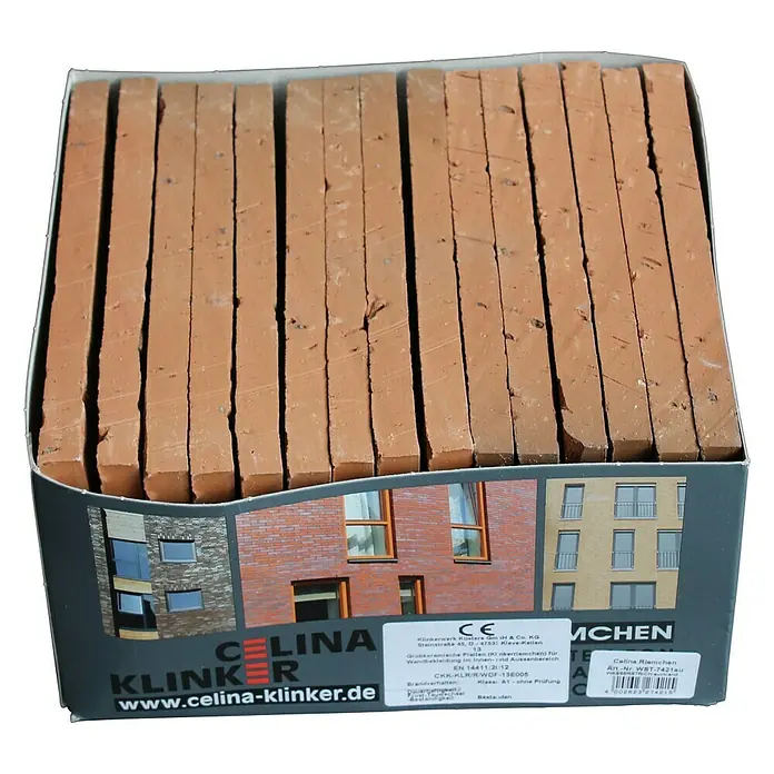 Celina Klinker Verblendstein Wasserstrich Auckland - 6,5 x 21,5 cm, Beige/Rot, Steinoptik - Bild einer Packung Celina Klinker Riemchen, ideal für Innen- und Aussenbereiche, mit rustikalem Charme.