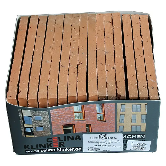 Celina Klinker Verblendstein Wasserstrich Boston - 6,5 x 21,5 cm, Schwarz/Braun, Steinoptik - Bild einer Verpackung Celina Klinker Riemchen, ideal für Wandverkleidungen im Innenbereich.