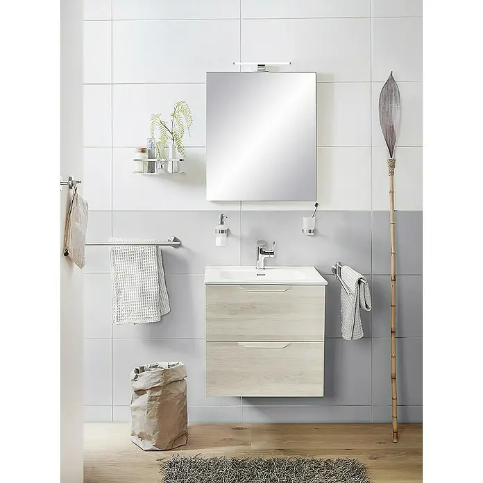 Riva Urban Waschtischunterschrank - 60 x 45 x 56,5 cm - Ein stilvolles Badezimmer-Interieur mit einem modernen Waschtisch mit Holzstruktur und einem quadratischen Spiegel.