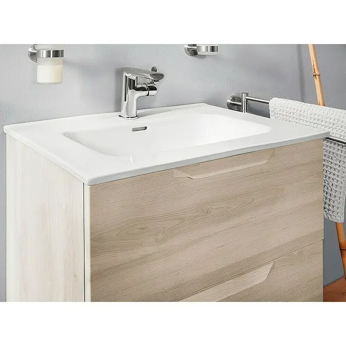 Riva Urban Einbauwaschbecken - 60,8 x 46 cm, Weiß - Ein moderner Waschtisch mit Holzstruktur und einem weißen Waschbecken mit Armatur für ein stilvolles Badezimmer.