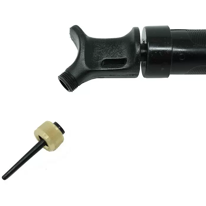 Seilflechter Bomba de aire - Específico para: Defensas para embarcaciones - Conector roscado negro y varilla negra separada con tapa beige, probablemente una llave para montaje o ajuste.