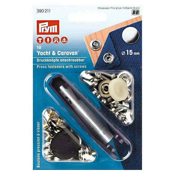 Seilflechter Cierre giratorio Náutica & Caravanas - Latón, 10 ud. - Imagen de un paquete de 10 broches de presión Prym Yacht & Caravan con tornillos, incluye herramienta y accesorios, diámetro 15 mm.