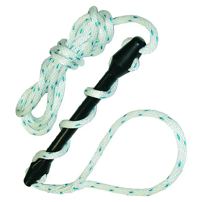 Seilflechter Cabo de amarre con amortiguador - Ø x L: 16 mm x 5 m, Poliéster, Blanco - Una cuerda blanca con detalles azules está envuelta alrededor de un palo negro con nudos.