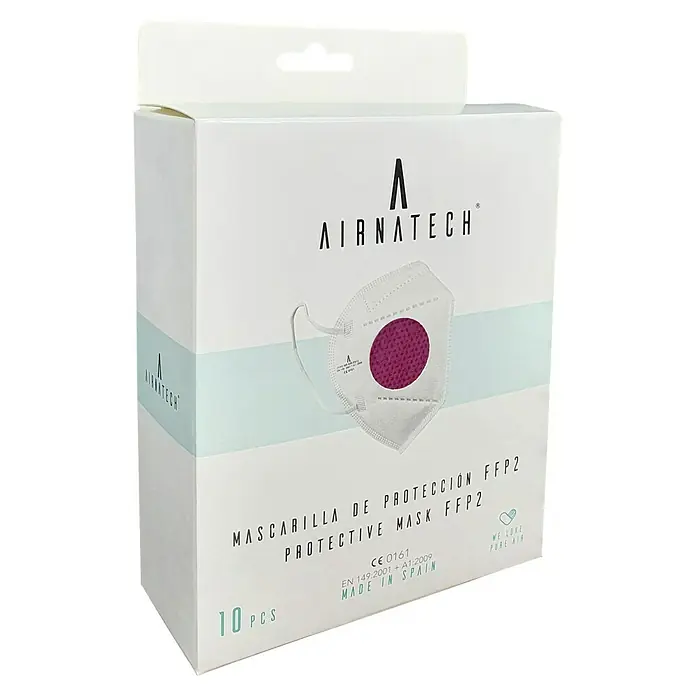 Mascarilla de protección respiratoria AIRNATECH AIR-E013® - FFP2, Granate - Un paquete de mascarillas respiratorias AIRNATECH FFP2 con filtro violeta, fabricadas en España, con una lengüeta para colgar para su exhibición en tiendas.