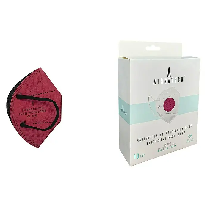Mascarilla de protección respiratoria AIRNATECH AIR-E013® - FFP2, Granate - Primer plano de una sola máscara Airnatech FFP2 en rojo y una caja de 10 unidades.