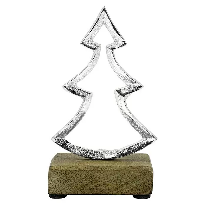 Dekofigur Stern, Tanne und Elch auf Holzsockel - L x B x H: 3,5 x 10 x 13 cm, Holz, Hirsch - Silberne, strukturierte Metall-Weihnachtsbaumdekoration auf Holzsockel.