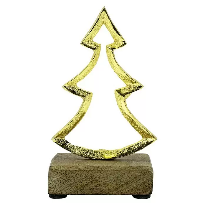 Dekofigur Stern, Tanne und Elch auf Holzsockel - L x B x H: 3,5 x 10 x 13 cm, Holz, Hirsch - Goldglitzer Christbaum-Ornament auf Holzsockel.