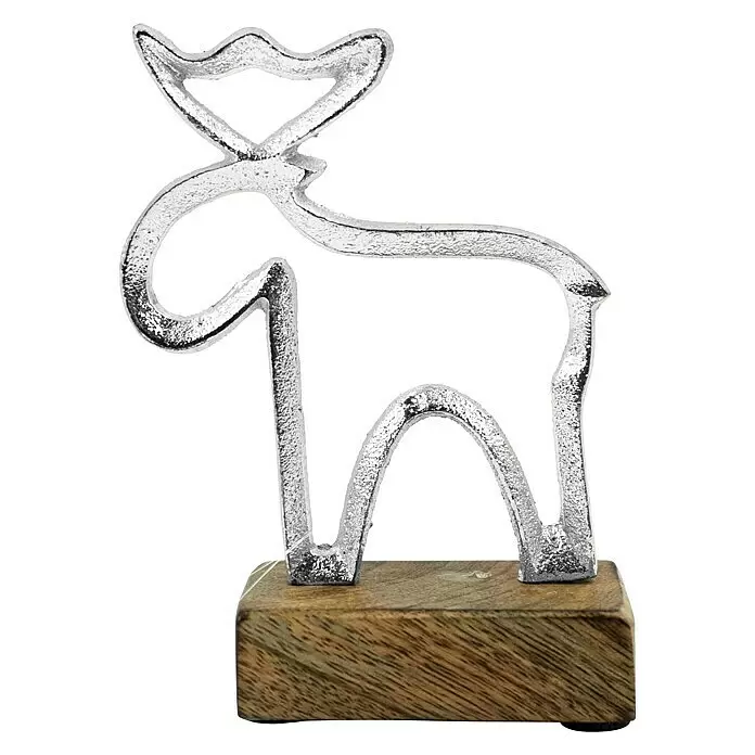 Dekofigur Stern, Tanne und Elch auf Holzsockel - L x B x H: 3,5 x 10 x 13 cm, Holz, Hirsch - Silberne Metall-Rentierfigur auf einem rechteckigen Holzsockel, geeignet als festliche Dekoration.