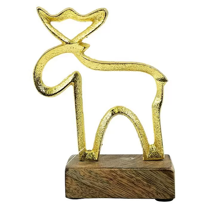 Dekofigur Stern, Tanne und Elch auf Holzsockel - L x B x H: 3,5 x 10 x 13 cm, Holz, Hirsch - Goldglitzernde Rentierfigur auf einem rechteckigen Holzsockel.