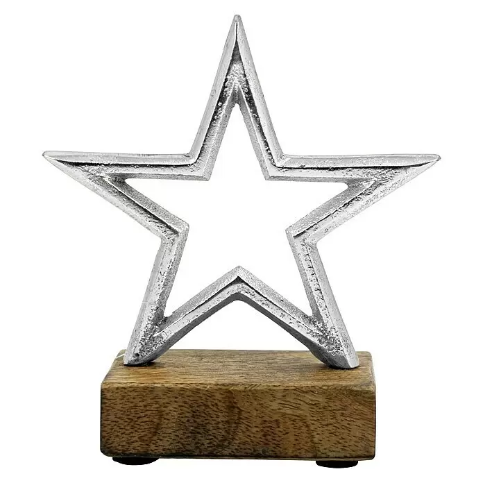 Dekofigur Stern, Tanne und Elch auf Holzsockel - L x B x H: 3,5 x 10 x 13 cm, Holz, Hirsch - Silberne Sterntrophäe auf einem rechteckigen Holzsockel.