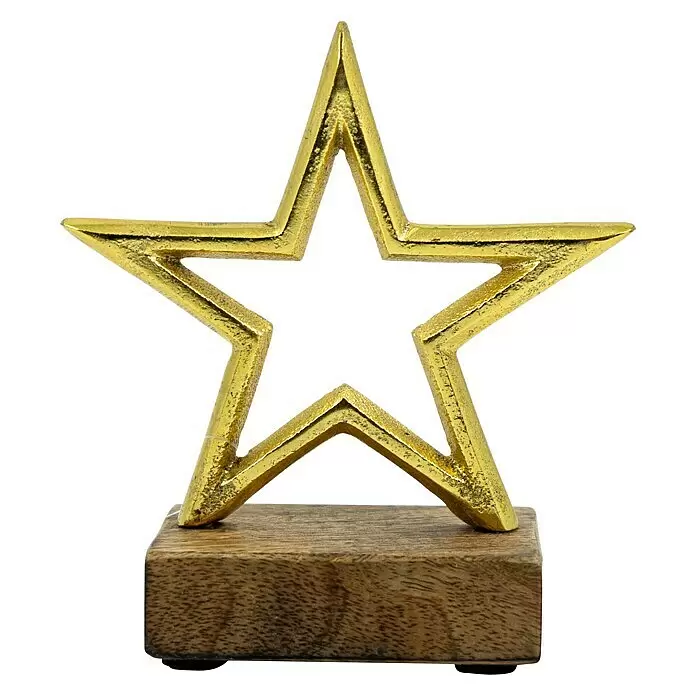 Dekofigur Stern, Tanne und Elch auf Holzsockel - L x B x H: 3,5 x 10 x 13 cm, Holz, Hirsch - Goldene Sterntrophäe mit texturierter Oberfläche auf einem rechteckigen Holzsockel.