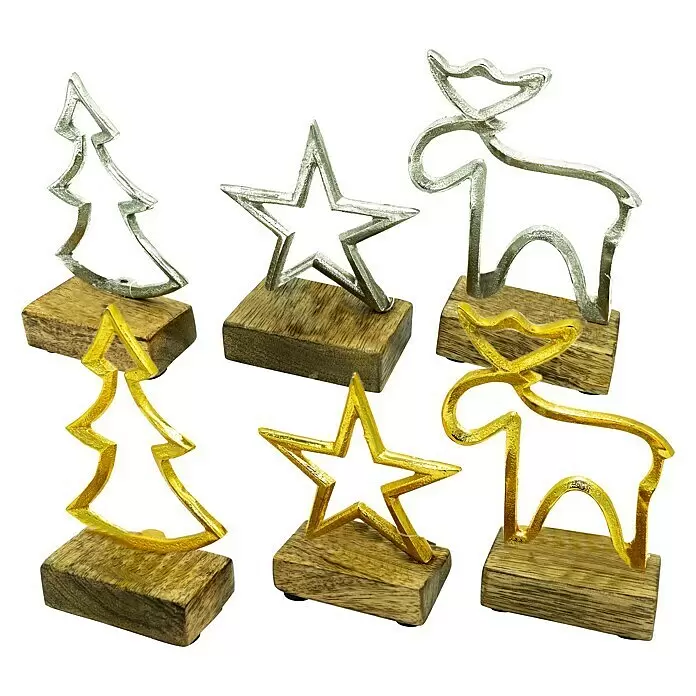 Dekofigur Stern, Tanne und Elch auf Holzsockel - L x B x H: 3,5 x 10 x 13 cm, Holz, Hirsch - Sechs metallene Weihnachtsornamente auf Holzsockeln: silberner Baum, Stern, Rentier; goldener Baum, Stern, Rentier.
