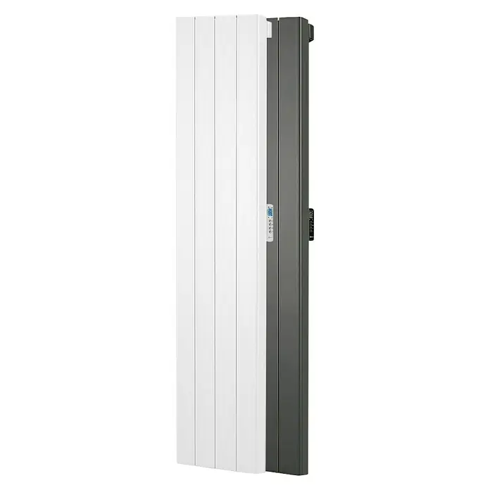 Rointe Radiador eléctrico digital Palaos - 2.000 W, Negro, 110 x 476 x 1.800 mm - Primer plano de un radiador blanco con panel de control gris. Solución de calefacción de bajo consumo para espacios modernos y diseño actual.