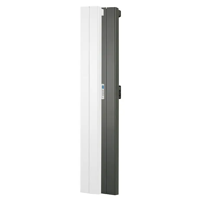 Rointe Radiador eléctrico digital Palaos - 1.000 W, Blanco, 110 x 236 x 1.800 mm - Vista lateral de un radiador blanco y gris con un diseño moderno que ofrece un rendimiento de calefacción eficiente.