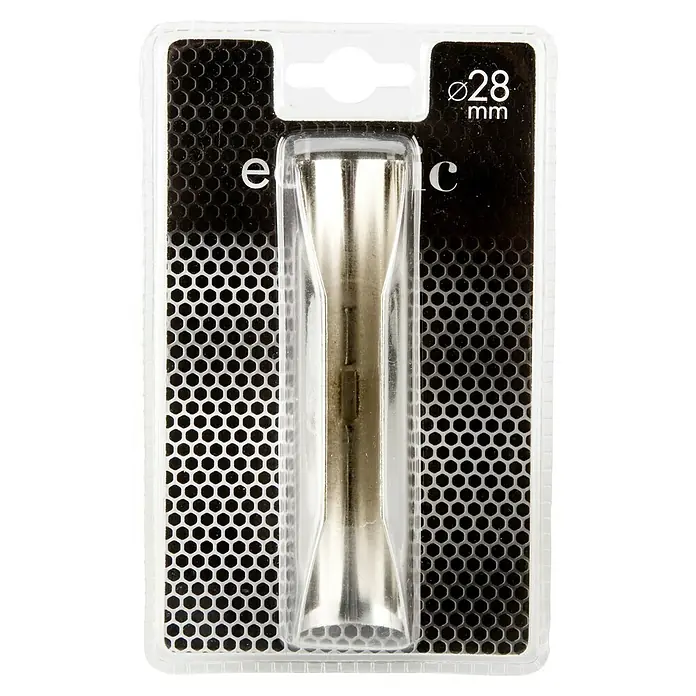 Elemento de unión de barra Eclectic - 12 x 2,6 x 2,7 cm, Gris - Un paquete individual de un conector de tubo de 28 mm, presentado en un embalaje de plástico transparente con un fondo negro con patrón de panal.