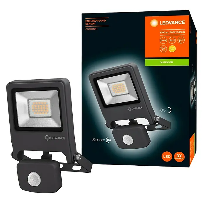 Ledvance LED-Strahler Endura Flood20 W, Anthrazit, Warmweiß, IP44 - Das LEDVANCE Endura Flood Sensor Outdoor Licht mit Bewegungsmelder und der Produktkarton mit technischen Details.