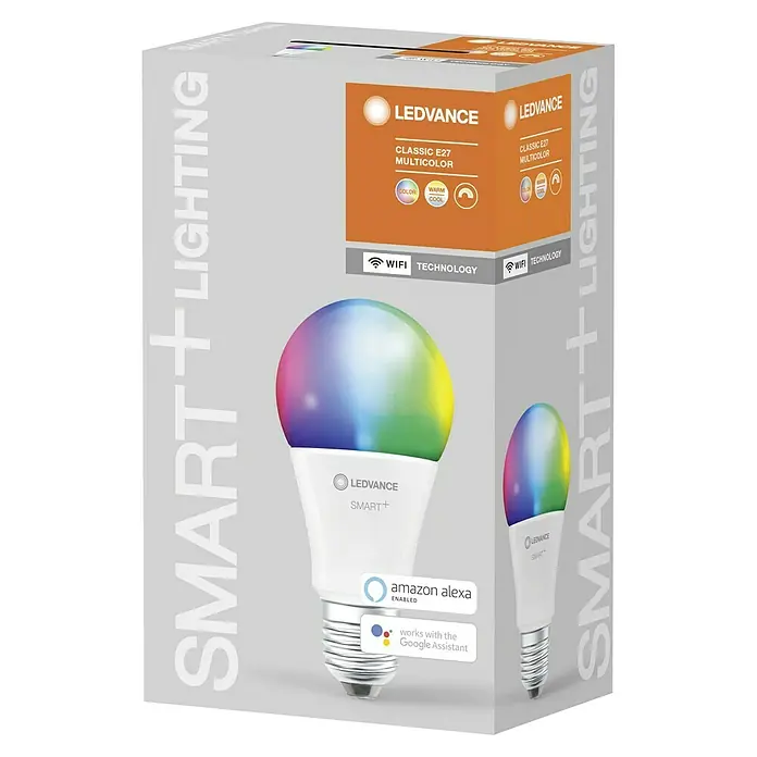 Ledvance Smart+ WiFi Smart-LED-Lampe Classic - E27, RGBW, 1.055 lm, 9,5 W, Farbtemperatur einstellbar: Stufen - Abbildung der Verpackung einer LEDVANCE Smart+ Multicolor Classic E27 Lampe mit Wifi-Technologie und Kompatibilität mit Alexa und Google Assistant.
