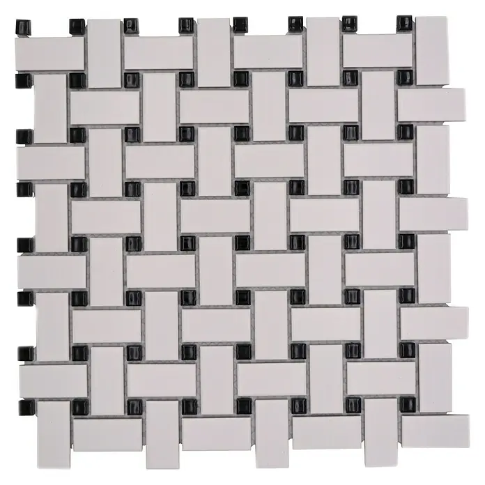 Mosaikfliese Basket CBAS 19 - 30 x 30 cm, Weiß/Schwarz, Matt - Ein elegantes Mosaikmuster mit weißen, rechteckigen Fliesen und schwarzen Akzenten, ideal für stilvolle Wand- und Bodengestaltungen.