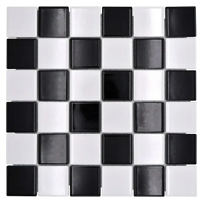 Mosaikfliese Quadrat CD 200 - 29,8 x 29,8 cm, Schwarz/Weiß, Glänzend - Schachbrettmuster aus schwarzen und weißen quadratischen Fliesen, ein klassisches und vielseitiges Design für jeden Raum.