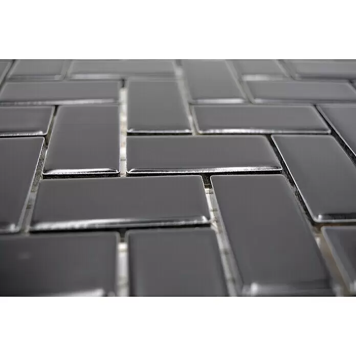 Mosaikfliese Fischgrät CHB 6BG - 29,8 x 29,8 cm, Schwarz, Glänzend - Dunkelgraue glänzende Rechteckfliesen im Fischgrätmuster.