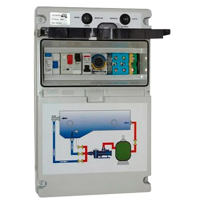 Cuadro eléctrico empotrado - Número de peldaños: 1 ud. - Primer plano de una unidad de control gris con interruptores y un diagrama esquemático de un sistema de circulación de agua.