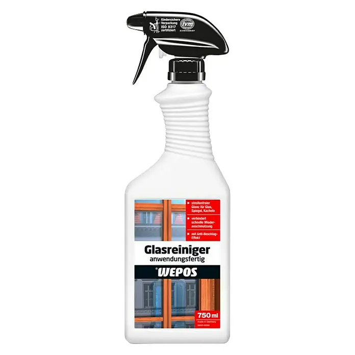 Wepos Glasreiniger Fertigmix750 ml, Flasche mit Sprühkopf - Abbildung einer Sprühflasche Glasreiniger von Wepos mit 750 ml Inhalt. Er sorgt für streifenfreien Glanz auf Glas, Spiegeln und Fliesen.