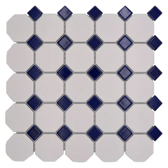 Mosaikfliese Octagon Octa G464 - 29,5 x 29,5 cm, Blau/Weiß, Matt - Quadratische Fliesenmatte mit weißen Achtecken und blauen Rauten.
