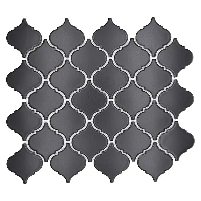 Mosaikfliese Florentiner Uni CLP 12BM - 29,3 x 24,5 cm, Schwarz, Matt - Nahaufnahme eines Musters aus dunklen, gewölbten Fliesen mit weißen Fugenlinien auf schwarzem Hintergrund.