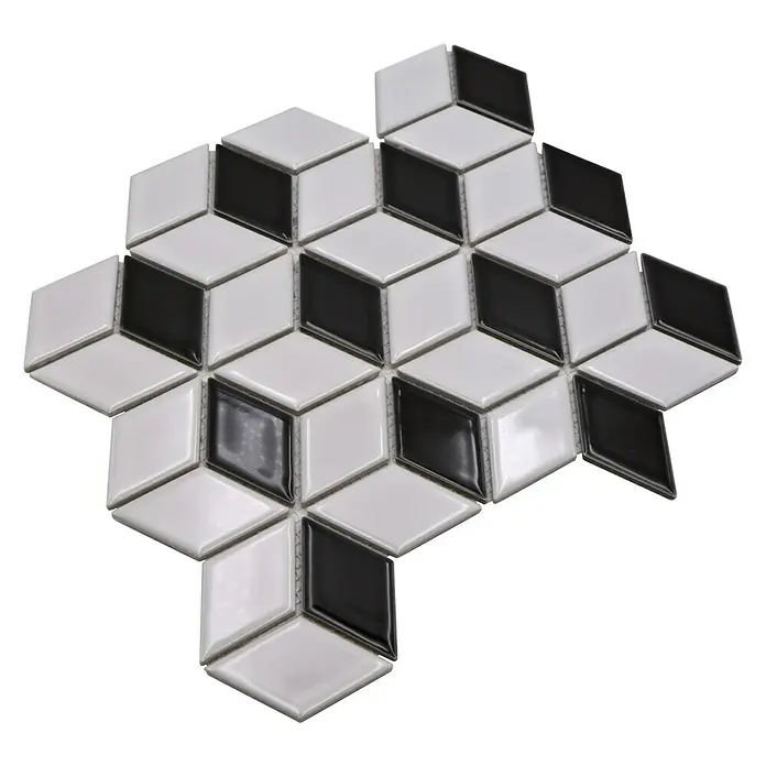 Mosaikfliese Würfel POV 01 - 26,6 x 30,5 cm, Weiß/Schwarz, Glänzend - Bild eines Mosaiks mit einem optischen 3D-Effekt. Die Steine sind in Schwarz und Weiß gehalten und erzeugen eine Illusion von Tiefe.