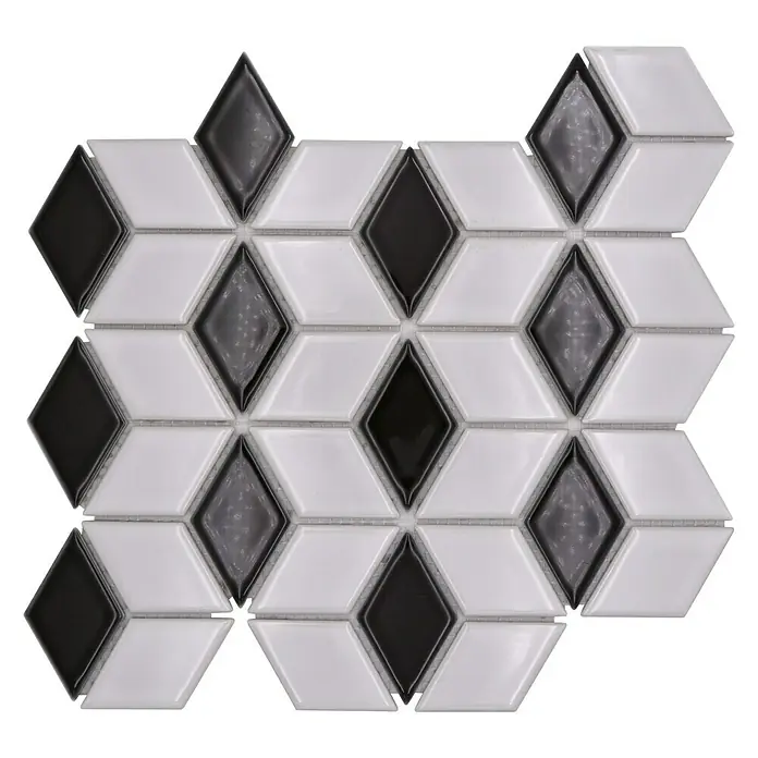 Mosaikfliese Würfel POV 01 - 26,6 x 30,5 cm, Weiß/Schwarz, Glänzend - Schwarze und weiße Diamantmosaikfliesen für einen modernen und stilvollen Look in jedem Raum, ideal für Küche oder Bad.