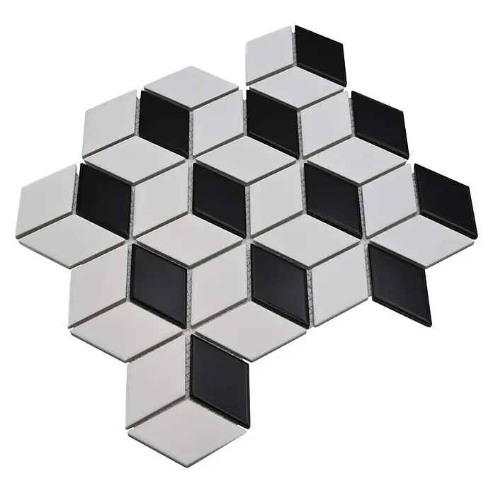 Mosaikfliese Würfel POV 09 - 26,6 x 30,5 cm, Weiß/Schwarz, Matt - Schwarze und weiße 3D-Mosaikfliesen für stilvolle Wand- und Bodengestaltungen. Ein optisch ansprechendes und modernes Designelement.
