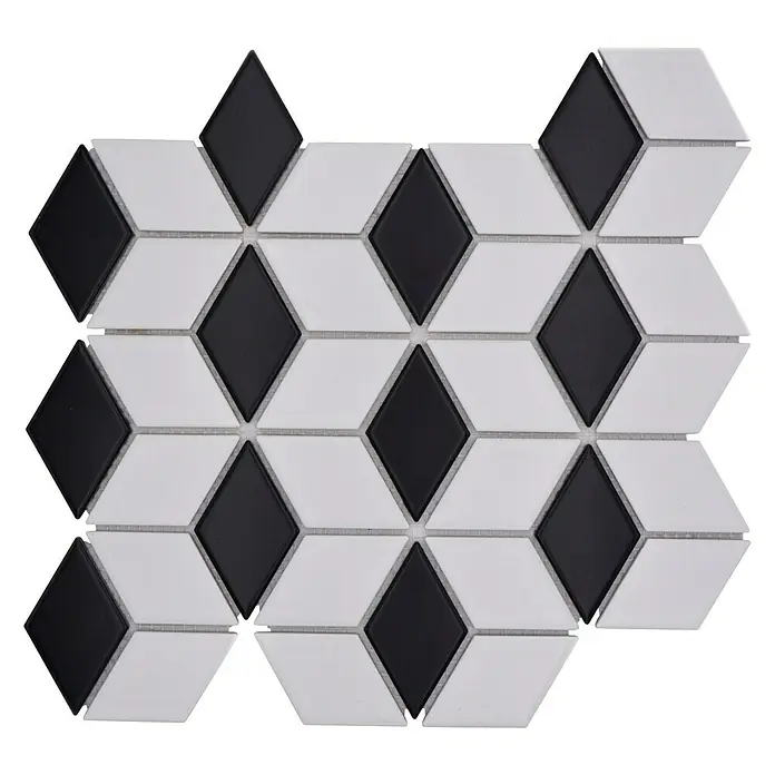 Mosaikfliese Würfel POV 09 - 26,6 x 30,5 cm, Weiß/Schwarz, Matt - Ein faszinierendes Mosaikmuster mit schwarzen und weißen Rauten, das einen optischen 3D-Effekt erzeugt. Die perfekte Wandfliese für ein modernes Design.