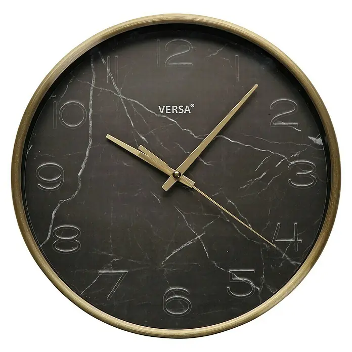 Versa Reloj de pared Mármol - Diámetro: 25 cm, Negro - Elegante reloj de pared con esfera de mármol y marco dorado. Un complemento elegante para cualquier habitación que combina funcionalidad y diseño.