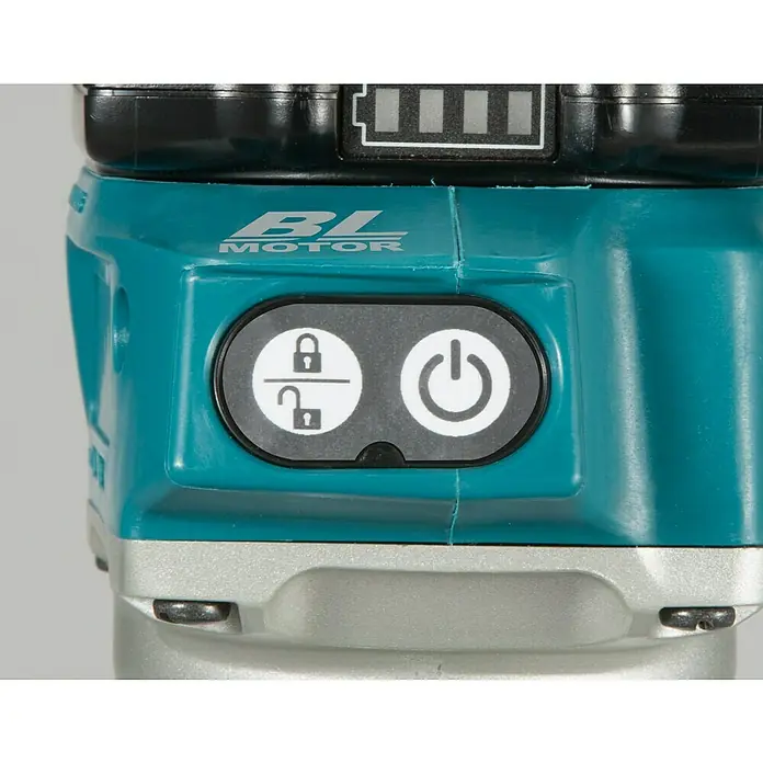 Makita LXT 18V Fresadora multifunción de batería DRT50Z - 18 V, Sin batería, Número de revoluciones de marcha en vacío: 10.000 r.p.m. - 30.000 r.p.m. - Primer plano de los controles de la herramienta eléctrica Makita, centrándose en el bloqueo y el botón de encendido.