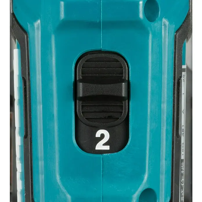 Makita CXT 12V max. Akku-Bohrschrauber DF333DZ - 12 V, Ohne Akku - Detailaufnahme eines Makita-Werkzeugs, Fokus auf den Geschwindigkeitsregler mit der Einstellung 2. Professionelle Qualität.