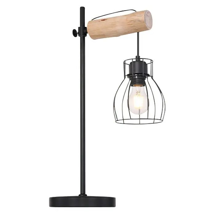 Globo Mina Tischleuchte - 40 W, L x B x H: 33 x 18 x 55 cm, E27 - Die stilvolle Tischleuchte in Schwarz mit Holzdetails und einem Lampenschirm in Käfigoptik sorgt für ein angenehmes Licht.