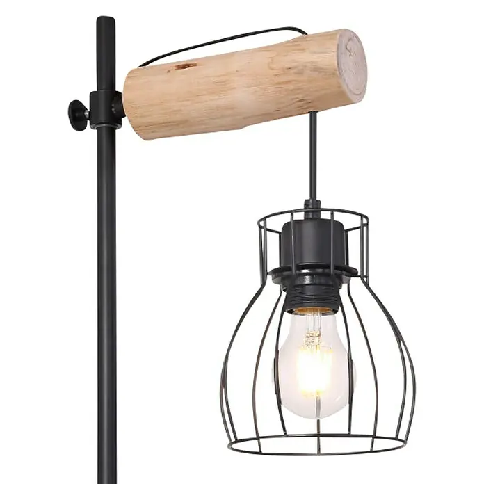 Globo Mina Tischleuchte - 40 W, L x B x H: 33 x 18 x 55 cm, E27 - Stehleuchte im Industrie-Design mit Käfigschirm und Holzelementen. Perfekt für eine rustikale Inneneinrichtung.