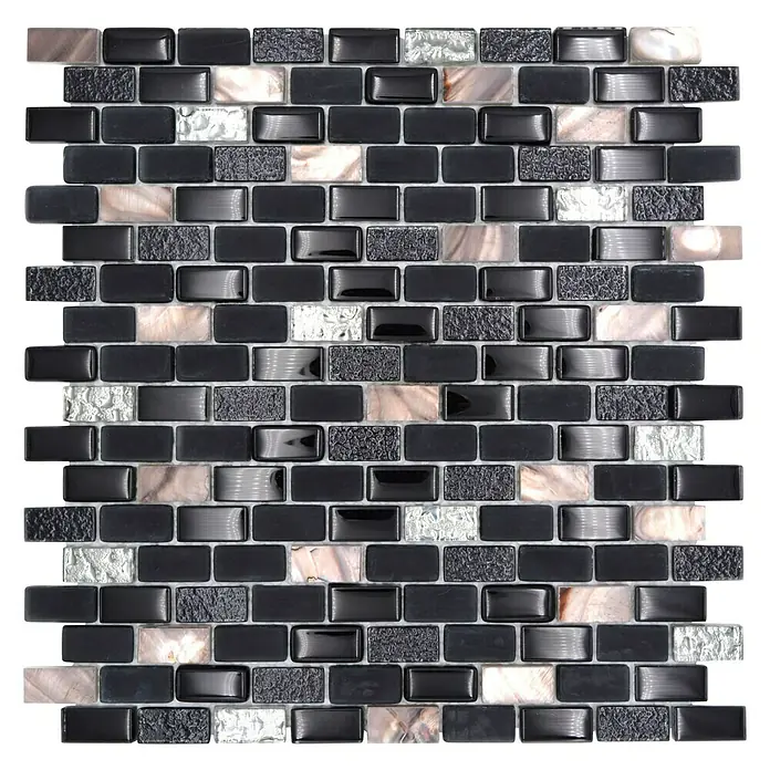 Mosaikfliese Brick Crystal Mix XCM B03S - 30 x 28,5 cm, Schwarz/Beige, Glänzend - Elegantes Mosaikmuster mit schwarzen, silbernen und marmorierten Akzenten für stilvolle Wand- und Bodengestaltung. Die perfekte Wahl für ein modernes Zuhause!