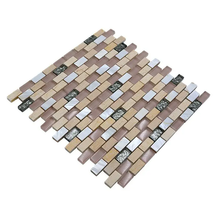 Mosaikfliese Brick Crystal Mix XCM B05S - 30 x 28,5 cm, Beige/Braun/Weiß, Glänzend - Mosaikfliese mit einer Mischung aus Beige-, Weiß- und Silbertönen, ideal für eine elegante Wandgestaltung im Innenbereich.