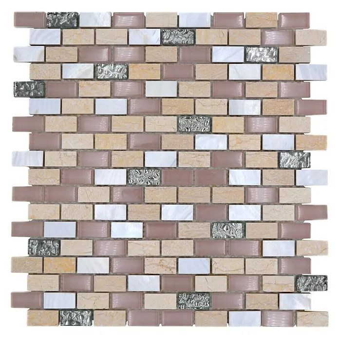 Mosaikfliese Brick Crystal Mix XCM B05S - 30 x 28,5 cm, Beige/Braun/Weiß, Glänzend - Dekorfliese mit einem Muster aus Beige-, Rosa- und Weißtönen, ergänzt durch silberfarbene Akzente.